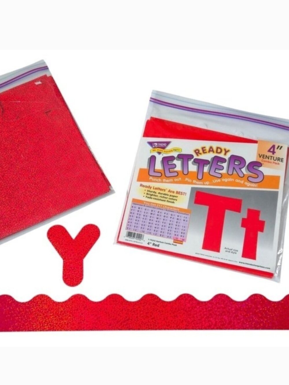 Trend Enterprises Red 4" Teacher Bulletin Board Ready Letters & Metallic‎ Border